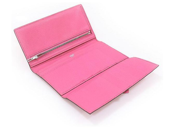 Hermès Rose Azalee Mizore Ziegenleder Silberfarbene Bi-Fold Geldbörse (Stempel) Pink - Ansicht 6