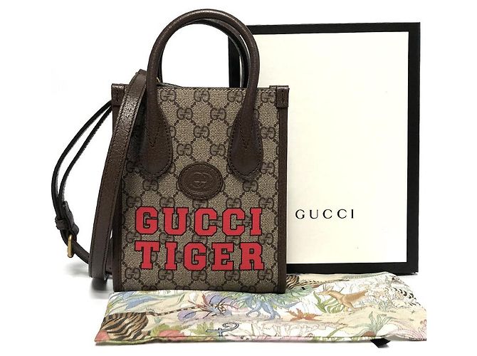 Gucci Borsa Mini Tote Tiger GG Marrone - vista 11
