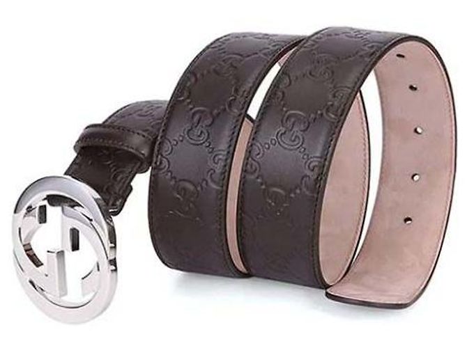 Gucci Cintura marrone con fibbia intrecciata e firma - vista 3