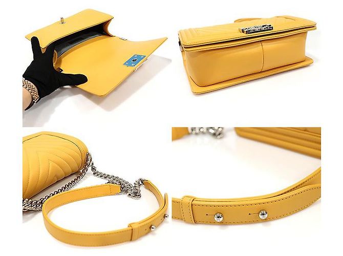 Chanel Sac à bandoulière Old Boy moyen en cuir de veau jaune à chevrons et finition argentée - vue 5