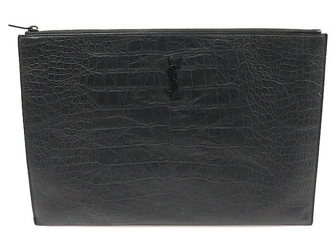 Saint Laurent Pochette Document Monogram en Cuir Crocodile Noir - vue 2
