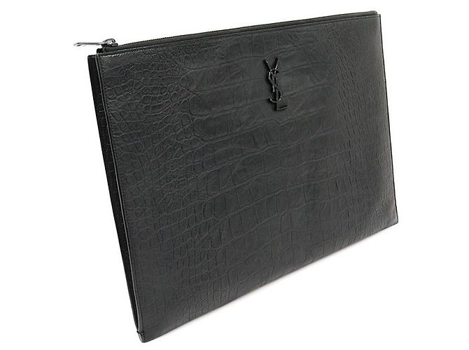Saint Laurent Pochette Document Monogram en Cuir Crocodile Noir - vue 3