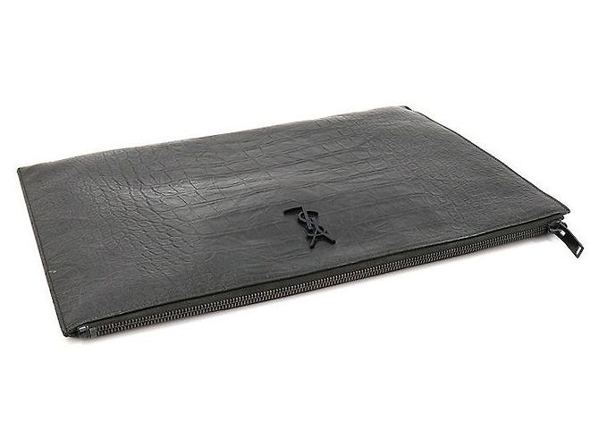 Saint Laurent Pochette Document Monogram en Cuir Crocodile Noir - vue 4