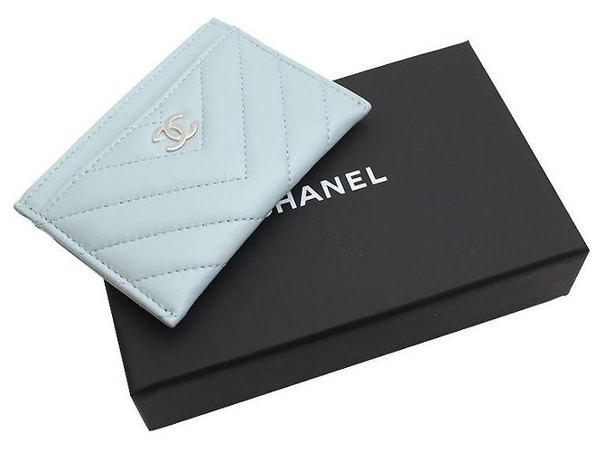 Chanel Tarjetero de chevron plateado azul cielo - vista 6