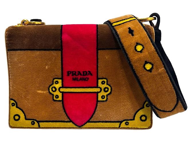 Prada Borsa a Spalla in Velluto Rafia Kaye Marrone - vista 2