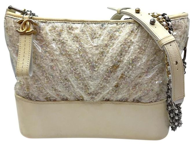 Chanel Borsa a Spalla Gabrielle Hobo in Tweed PVC Media con Catena Avorio Bianco - vista 2