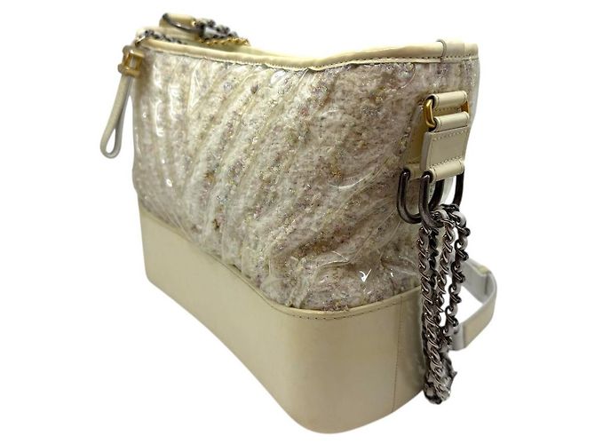 Chanel Borsa a Spalla Gabrielle Hobo in Tweed PVC Media con Catena Avorio Bianco - vista 3