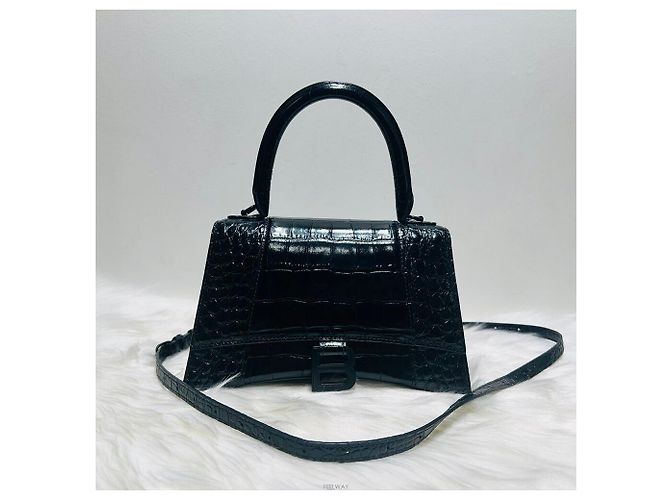 Balenciaga Crocodile Embossed Hourglass Small Top Black Tote Bag - vista 2
