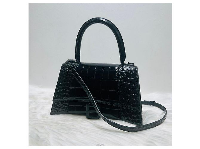 Balenciaga Crocodile Embossed Hourglass Small Top Black Tote Bag - vista 3