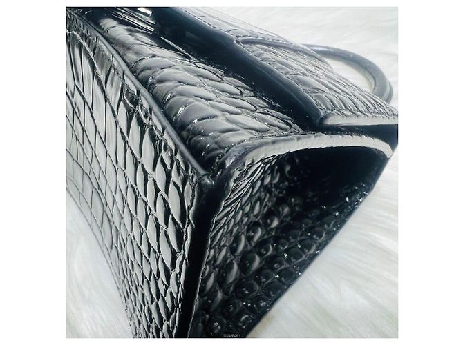 Balenciaga Crocodile Embossed Hourglass Small Top Black Tote Bag - vista 8