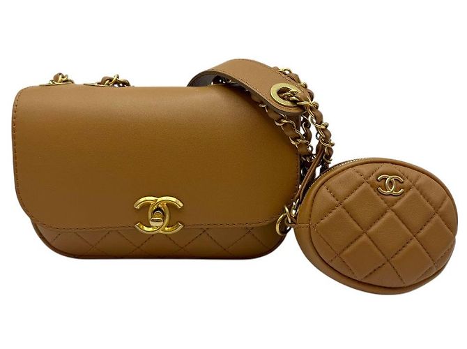 Chanel Portamonete con patta e logo CC, borsa a spalla con catena, marrone - vista 2