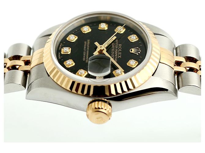 Rolex Relógio Combi Feminino Datejust com Mostrador Preto e Diamantes Após Ajuste - vista 11