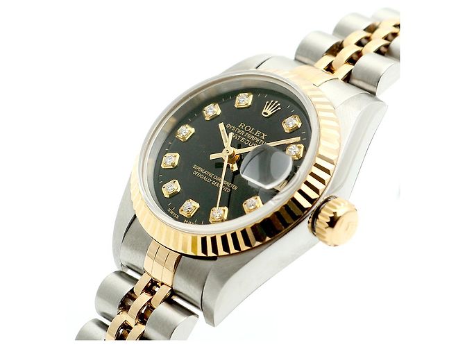 Rolex Relógio Combi Feminino Datejust com Mostrador Preto e Diamantes Após Ajuste - vista 9