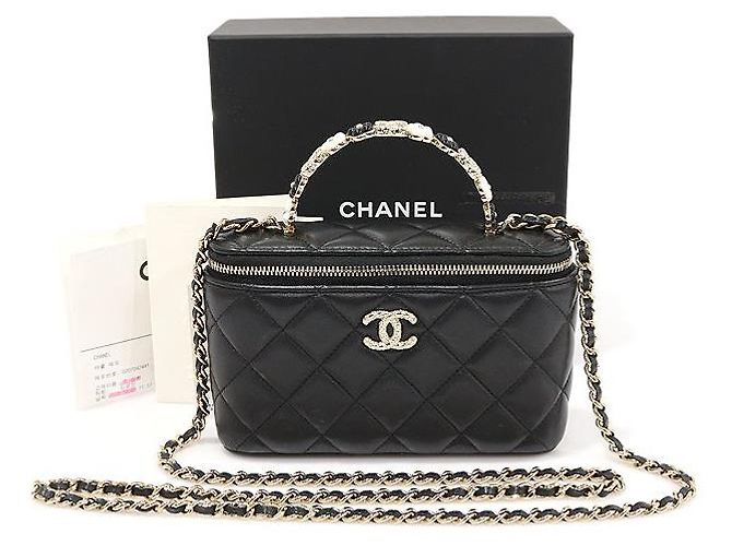 Vanity Chanel Schminktasche mit Obergriff aus schwarzem Lammleder und Kamelienblüte (eingebauter Chip) - Ansicht 2