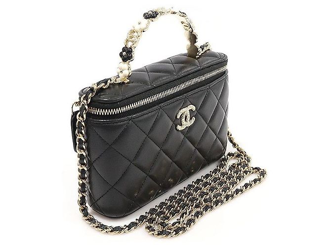 Vanity Chanel Schminktasche mit Obergriff aus schwarzem Lammleder und Kamelienblüte (eingebauter Chip) - Ansicht 3