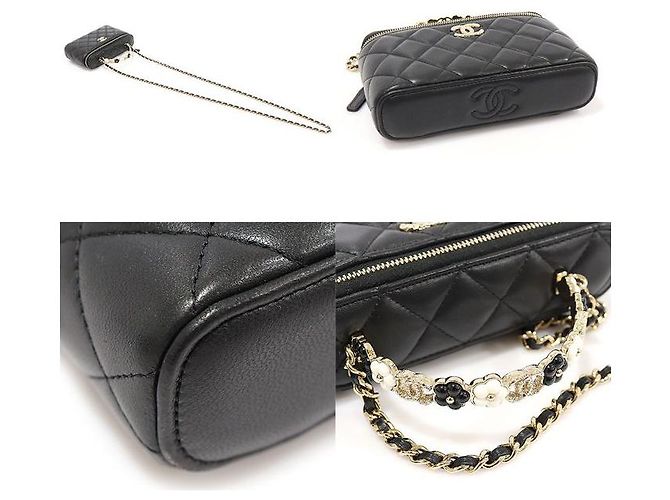 Vanity Chanel Schminktasche mit Obergriff aus schwarzem Lammleder und Kamelienblüte (eingebauter Chip) - Ansicht 5