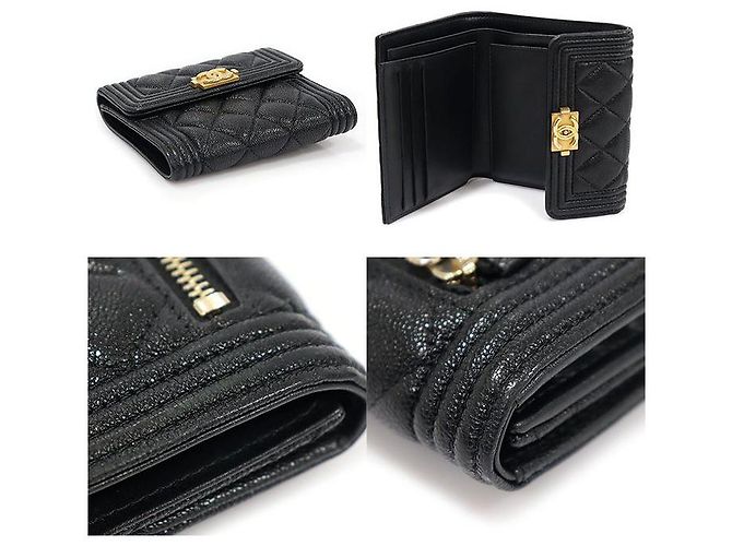 Chanel Portafoglio Boy in Caviar Nero e Oro - vista 6