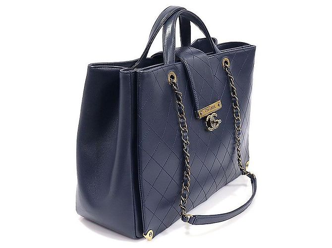Chanel Navy Calfskin Quilted Metal Chain Tote Series) Blue - view 3