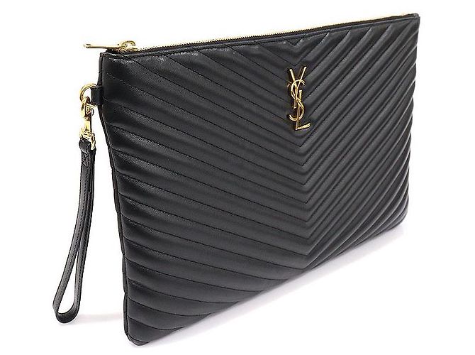 Saint Laurent Clutch porta documenti Monogram matelassé nero con tracolla - vista 3