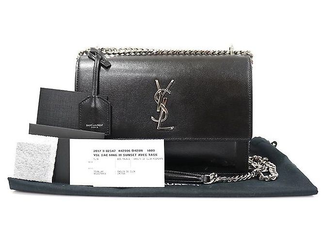 Saint Laurent Borsa a spalla media in pelle di vitello nera con catena argentata Sunset Nero - vista 2