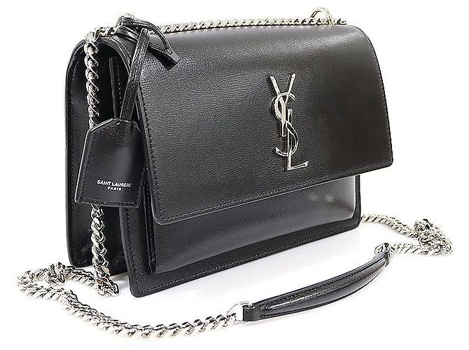 Saint Laurent Borsa a spalla media in pelle di vitello nera con catena argentata Sunset Nero - vista 3