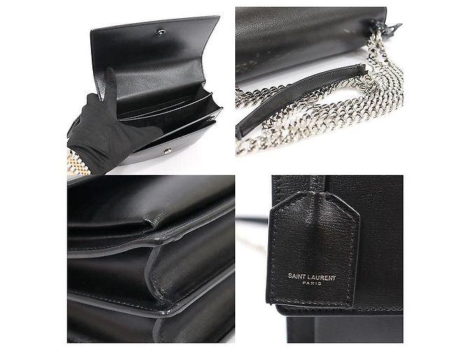 Saint Laurent Borsa a spalla media in pelle di vitello nera con catena argentata Sunset Nero - vista 6