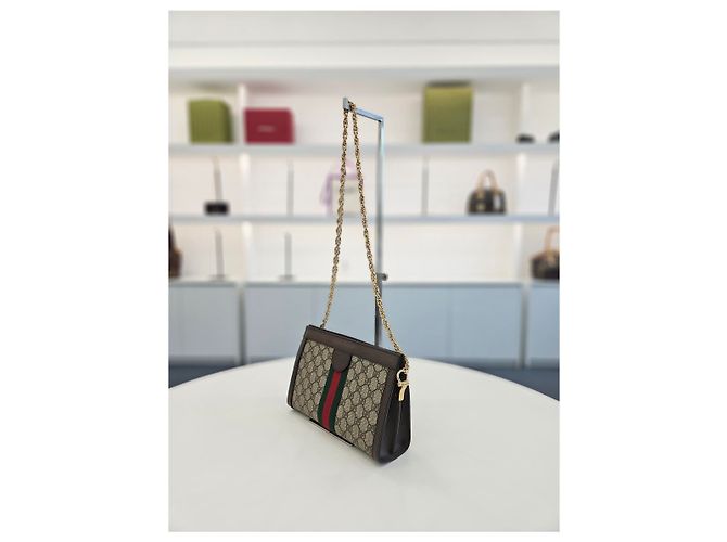 Gucci Borsa a Spalla Piccola Ophidia GG Supreme Chain Marrone - vista 10