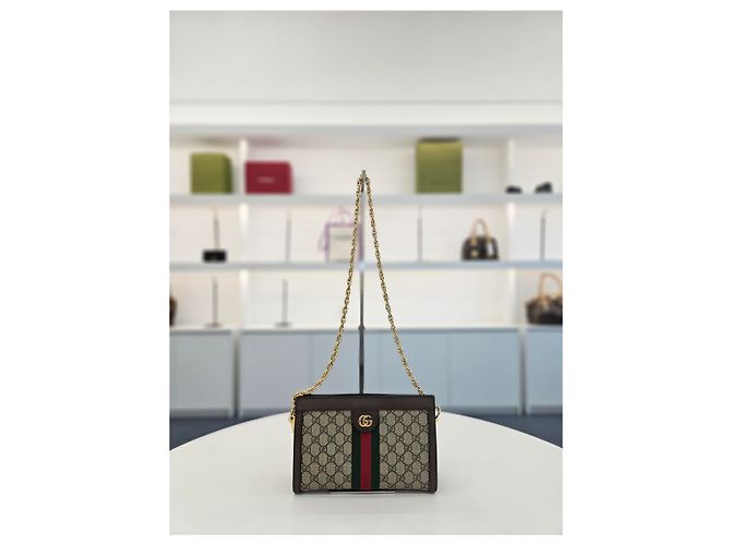 Gucci Borsa a Spalla Piccola Ophidia GG Supreme Chain Marrone - vista 7