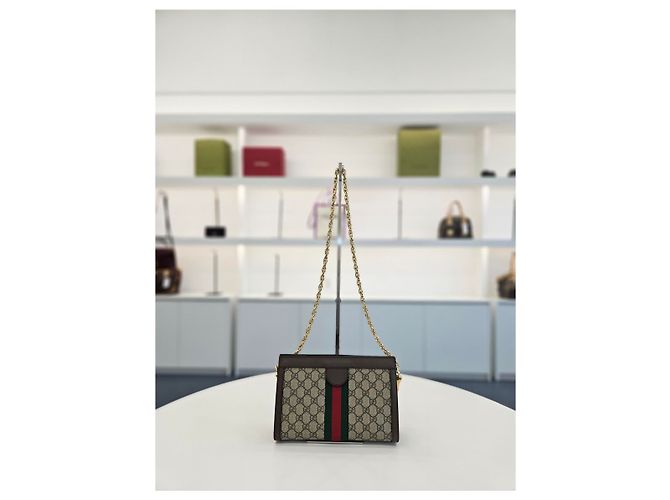 Gucci Borsa a Spalla Piccola Ophidia GG Supreme Chain Marrone - vista 8