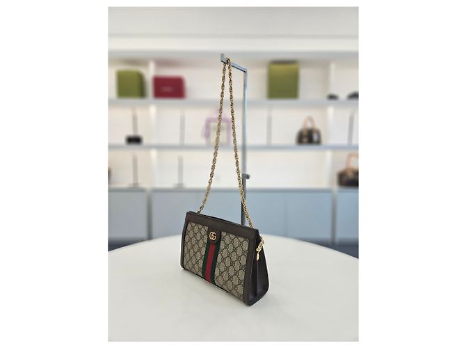Gucci Borsa a Spalla Piccola Ophidia GG Supreme Chain Marrone - vista 9