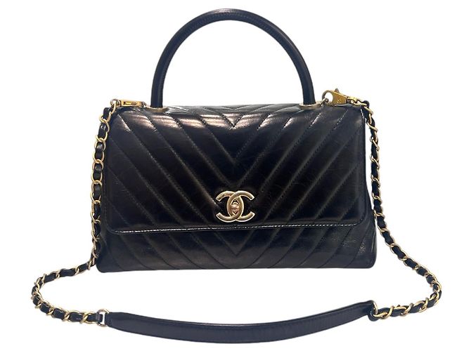 Chanel Chevron Glasiertes Vintage Kalbsleder Coco Handle Medium Schwarz - Ansicht 10