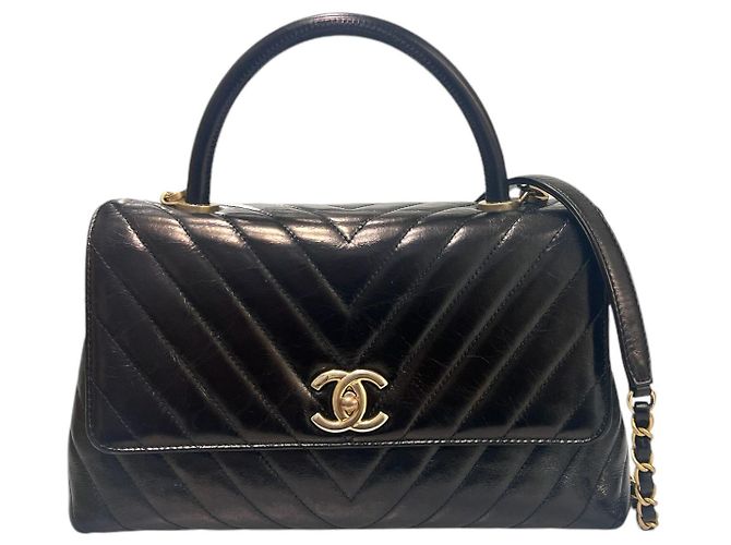 Chanel Chevron Glasiertes Vintage Kalbsleder Coco Handle Medium Schwarz - Ansicht 2