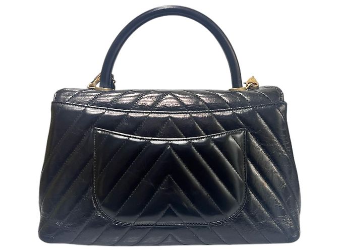 Chanel Chevron Glasiertes Vintage Kalbsleder Coco Handle Medium Schwarz - Ansicht 4