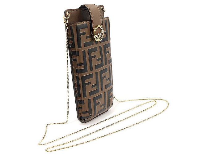 Fendi Pouch per smartphone in pelle di vitello marrone con logo FF, borsa a tracolla - vista 3