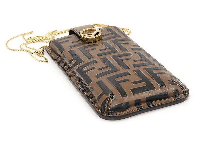 Fendi Pouch per smartphone in pelle di vitello marrone con logo FF, borsa a tracolla - vista 5