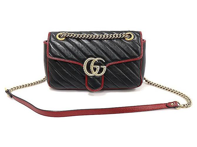 Gucci Black Red Matelassé Chevron GG Marmont Small Shoulder Bag Nero - vista 2