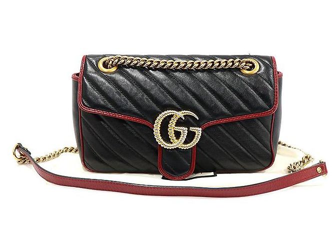 Gucci Black Red Matelassé Chevron GG Marmont Small Shoulder Bag Nero - vista 3