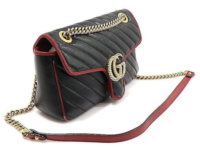 Gucci Black Red Matelassé Chevron GG Marmont Small Shoulder Bag Nero - vista 4