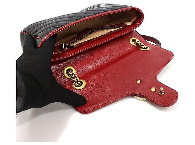 Gucci Black Red Matelassé Chevron GG Marmont Small Shoulder Bag Nero - vista 5