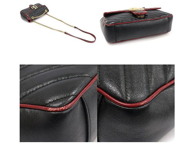 Gucci Black Red Matelassé Chevron GG Marmont Small Shoulder Bag Nero - vista 6