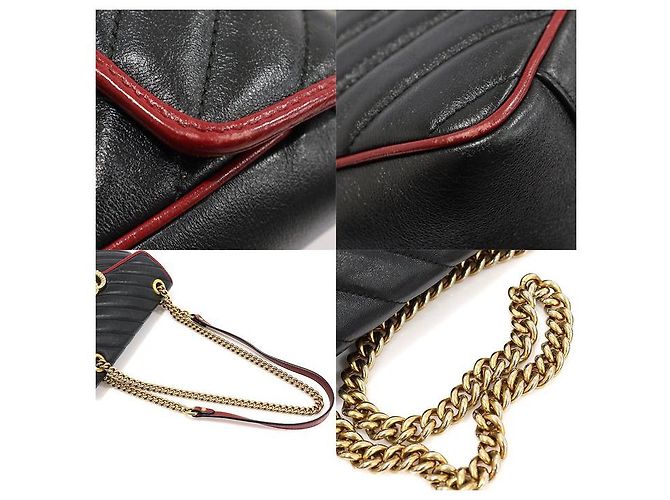 Gucci Black Red Matelassé Chevron GG Marmont Small Shoulder Bag Nero - vista 7