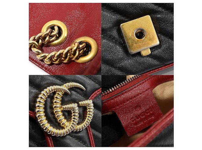 Gucci Black Red Matelassé Chevron GG Marmont Small Shoulder Bag Nero - vista 8