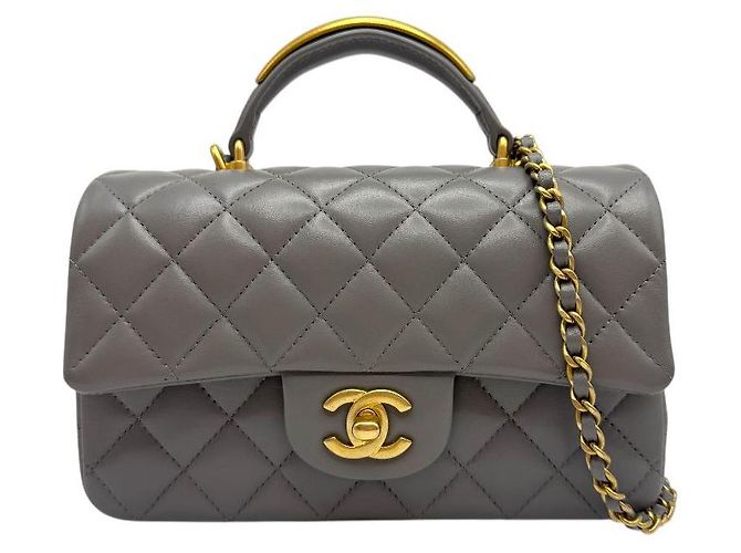 Chanel Mini borsa classica a manico superiore in pelle di agnello grigia Marrone - vista 2