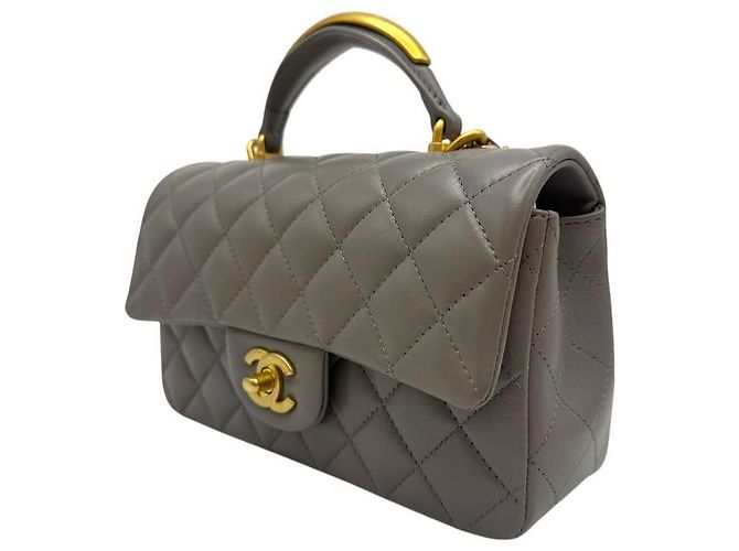 Chanel Mini borsa classica a manico superiore in pelle di agnello grigia Marrone - vista 3