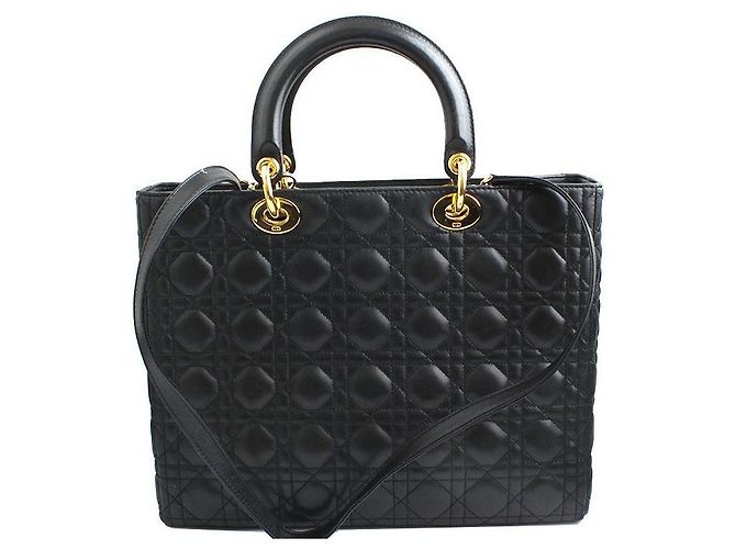 Dior Grande tote e borsa a spalla in pelle di agnello nero Cannage Lady Gold - vista 2