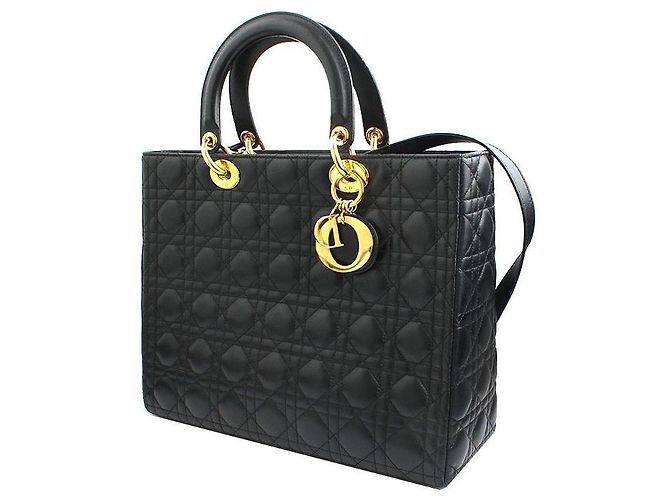 Dior Grande tote e borsa a spalla in pelle di agnello nero Cannage Lady Gold - vista 3