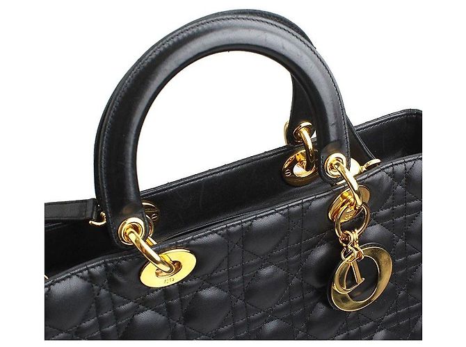 Dior Grande tote e borsa a spalla in pelle di agnello nero Cannage Lady Gold - vista 6