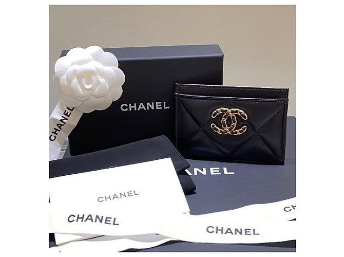Chanel 19 Chanel Lammleder Gold Metall Schwarz Kartenhalter Stempel: - Ansicht 6