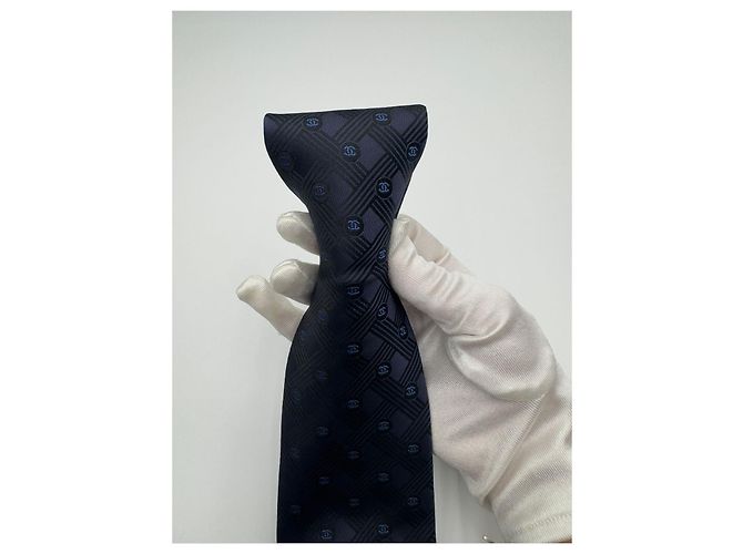 Chanel Cravatta a quadri da uomo CC Logo Blu Navy - vista 7
