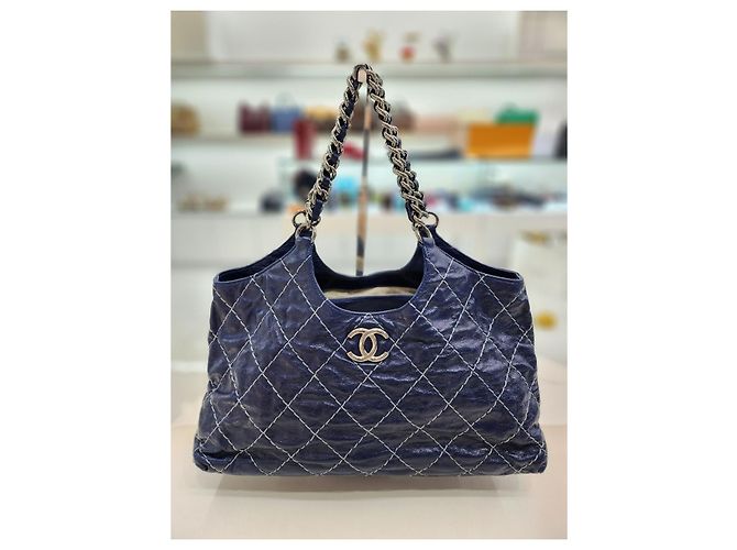 Chanel Bolsa de ombro em canvas com corrente CC de costura selvagem azul royal - vista 10
